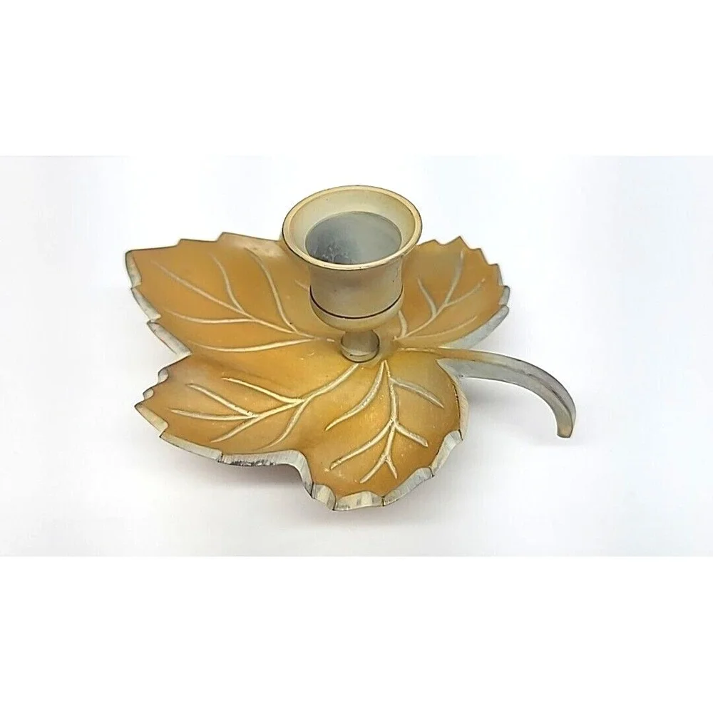 Tan Painted Brass Maple Leaf Single Candlestick Holder 5.5